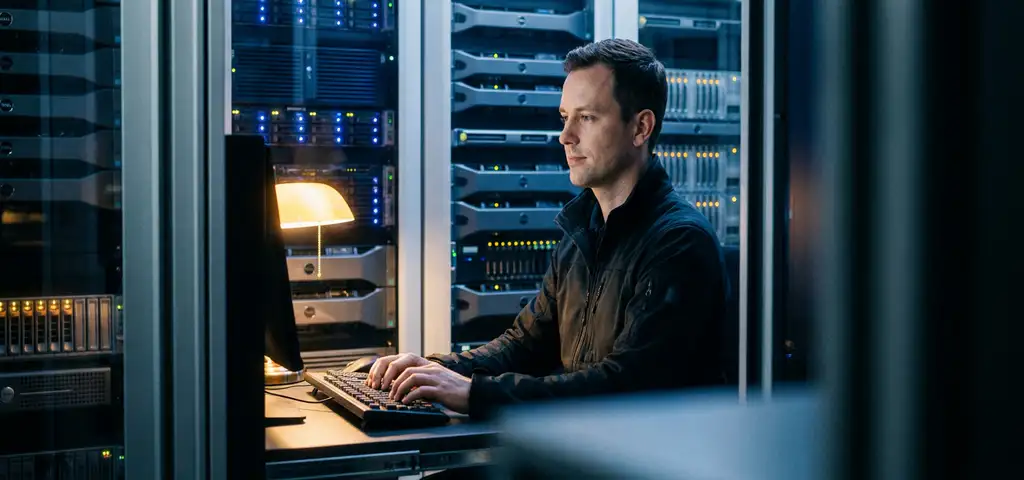 IT-Techniker überwacht Serverracks in deutschem Rechenzentrum bei gedämpftem Umgebungslicht mit blau-silberner Farbgebung.