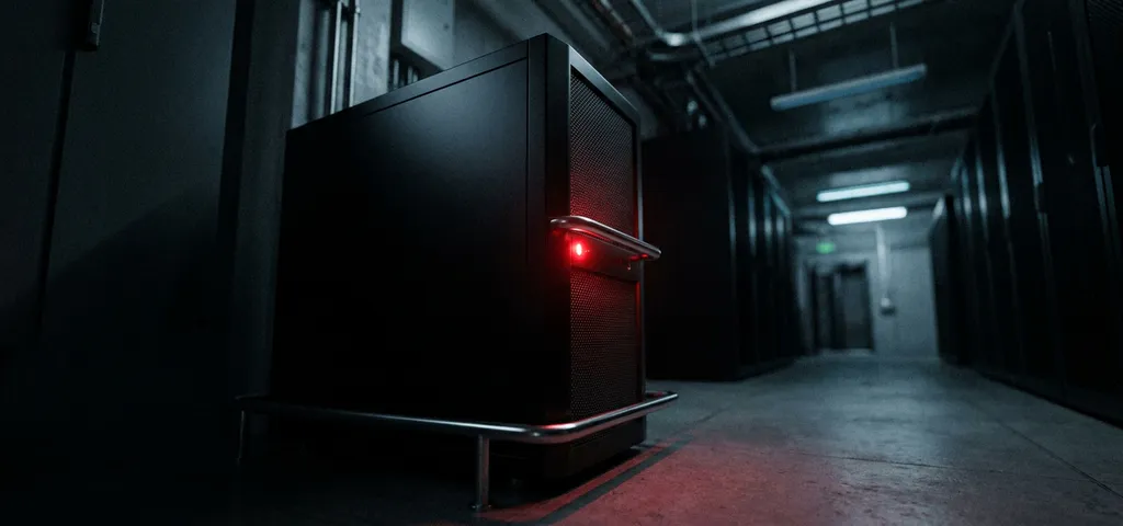 Schwarzes Server-Rack im Rechenzentrum mit roter Warnleuchte, dramatische Industriebeleuchtung und dunklem Hintergrund.