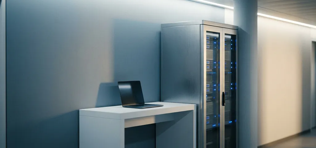 Silbernes Server-Rack in modernem Büroflur neben einem Schreibtisch mit geöffnetem Laptop, kühle Stahltöne und diffuses Licht.