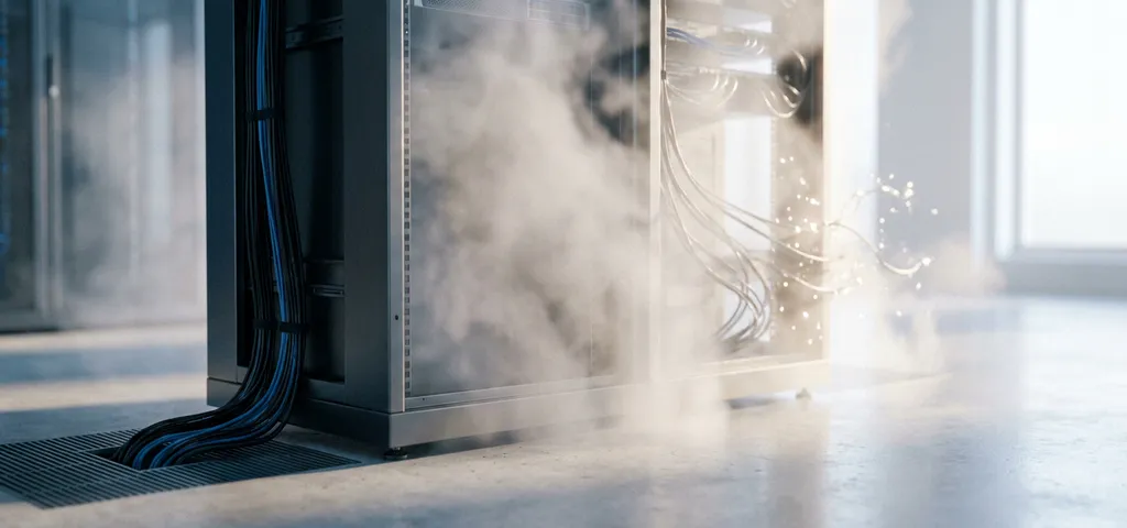 Server-Rack halb in Wolke aus Mist aufgelöst auf grauem Rechenzentrum-Boden, symbolisiert Cloud-Migration mit Stahl und Licht.