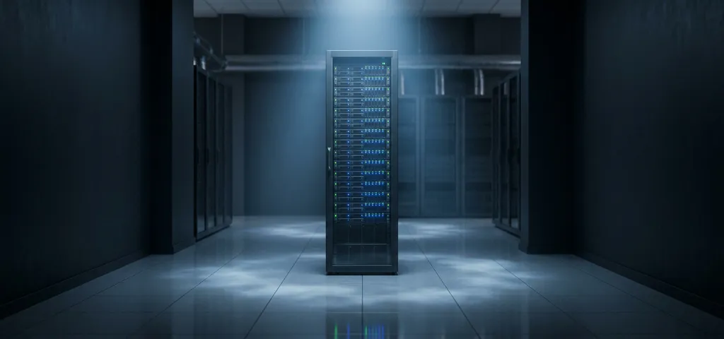 Server-Rack in dunklem Rechenzentrum-Korridor mit blinkenden Status-LEDs und kühlem blauem Licht auf poliertem Fliesenboden.
