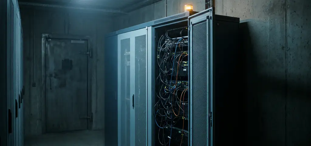 Geöffneter Server-Rack in einem schwach beleuchteten Rechenzentrum mit dichter Kabelinfrastruktur und gelbem Warmlicht.