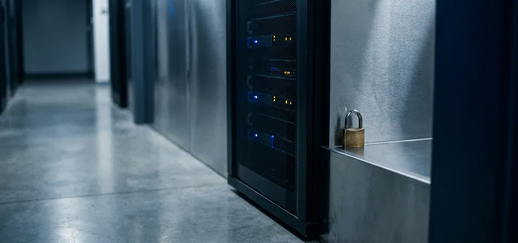 Einzelnes Server-Rack in dunklem Rechenzentrum-Korridor mit Vorhängeschloss auf Stahloberfläche und blau-grauen Sicherheitstönen.