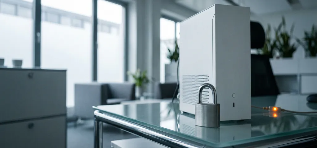 Silbernes Vorhängeschloss auf Glasschreibtisch neben weißem Server-Rack in modernem IT-Büro mit natürlichem Licht.