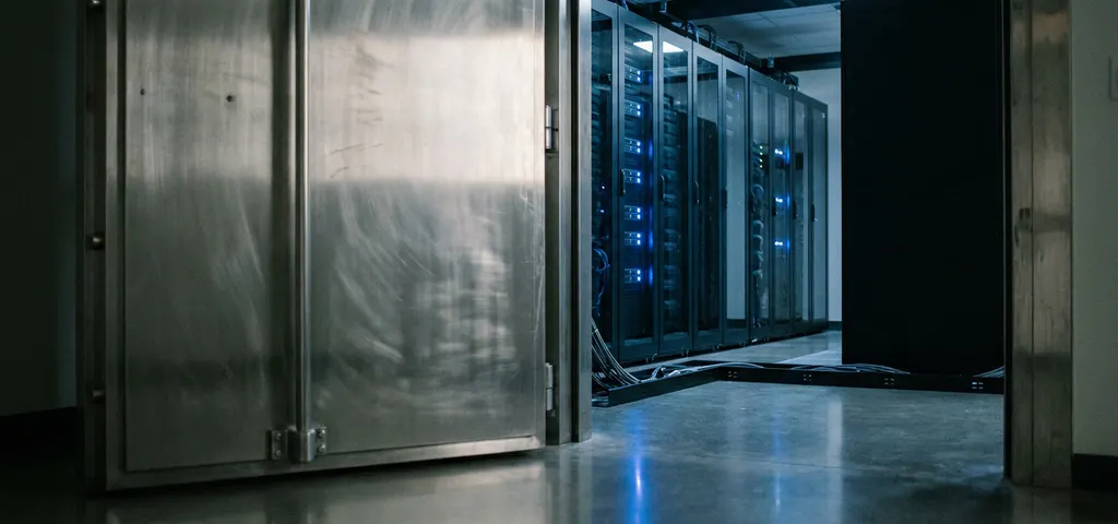 Schwere Stahltresorür leicht geöffnet in modernem Serverraum mit blau leuchtenden Server-Racks im Hintergrund.
