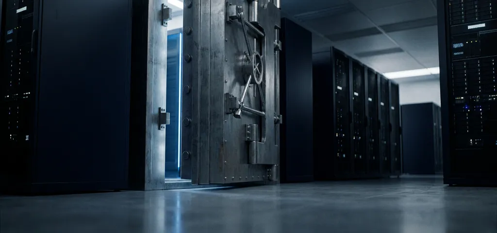 Schwere Stahltresorür leicht geöffnet in modernem Serverraum mit blauen Umgebungslichtern und dunklen Geräteracks im Hintergrund.