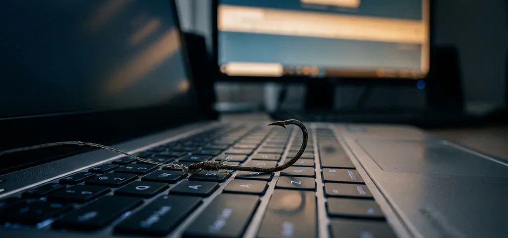 Verrosteter Angelhaken auf einer Laptop-Tastatur, symbolisiert Phishing-Bedrohungen im Internet, mit verschwommenem Browser im Hintergrund.