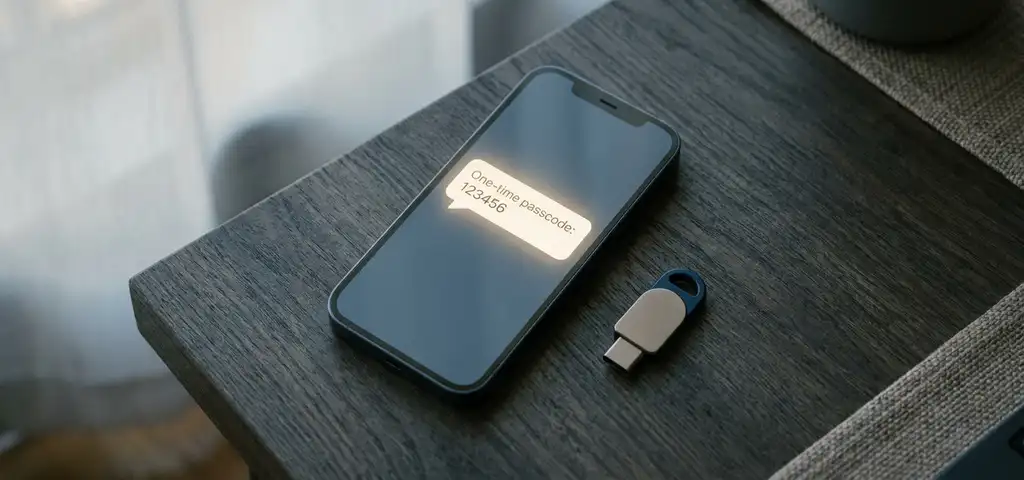 Smartphone mit Einmalpasscode-Benachrichtigung neben einem Hardware-Sicherheitstoken auf dunklem Schreibtisch, Draufsicht.