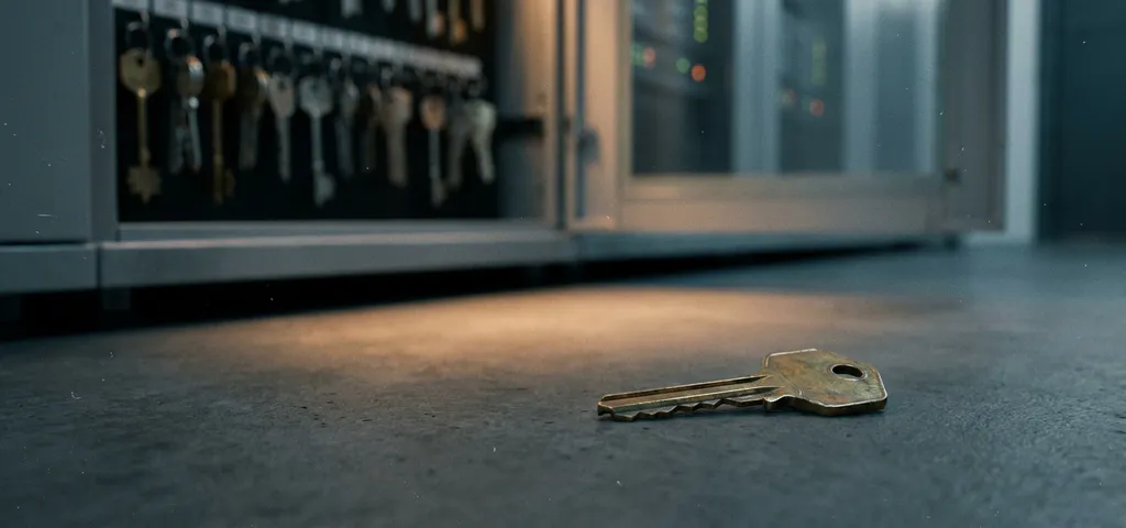 Einzelner Messingschlüssel auf grauem Serverboden, beleuchtet von warmem Licht, verschwommener Stahlschrank im Hintergrund.