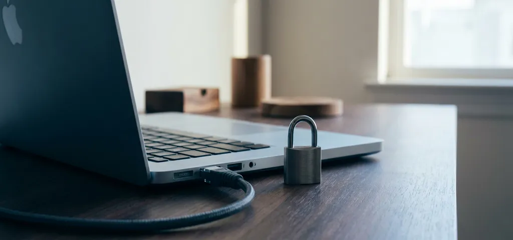 Ethernet-Kabel an modernem Laptop angeschlossen, Vorhängeschloss auf minimalistischem Schreibtisch, sichere kabelgebundene Internetverbindung.