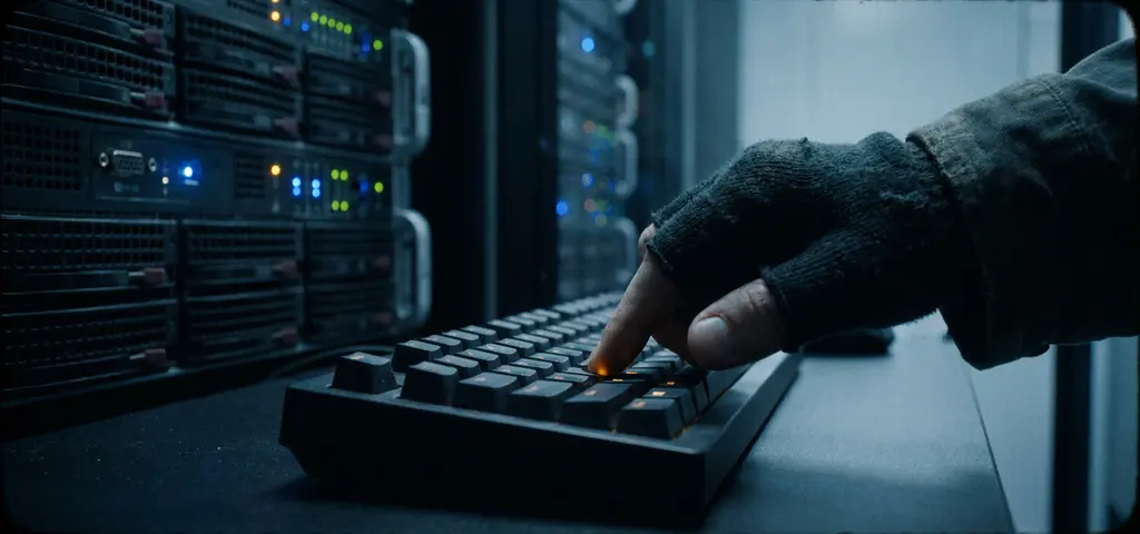 Behandschuhte Hand drückt Taste auf schwarzer Tastatur in dunklem Serverraum mit blinkenden Rack-Servern im Hintergrund.