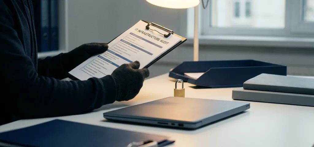Sicherheitsexperte prüft IT-Infrastruktur-Checkliste am Schreibtisch, Laptop und Vorhängeschloss im Hintergrund.