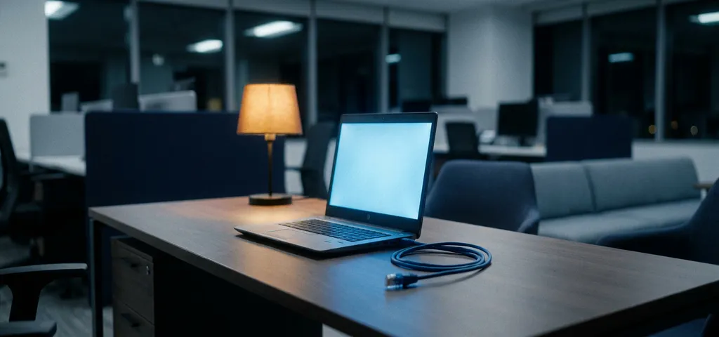 Laptop auf Schreibtisch in dunklem Büro mit blauem Bildschirmlicht und abgezogenem Ethernet-Kabel, das Netzwerkausfall andeutet.