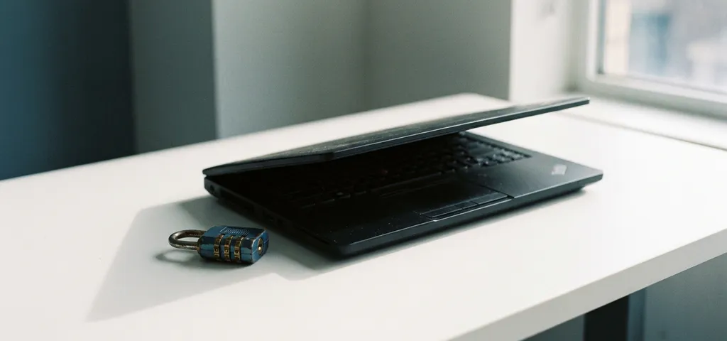Halb geschlossener schwarzer Laptop auf weißem Schreibtisch mit kleinem Kombinationsschloss, symbolisiert digitale Sicherheit.