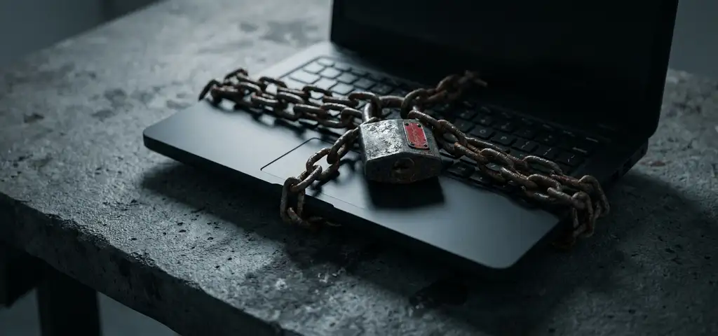 Verrostete Kette mit schwerem Vorhängeschloss um schwarzen Laptop auf dunkler Betonoberfläche.