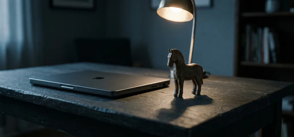 Laptop auf dunklem Schreibtisch neben hölzerner Trojanisches-Pferd-Figur, beleuchtet von Schreibtischlampe, bedrohliche Stimmung.