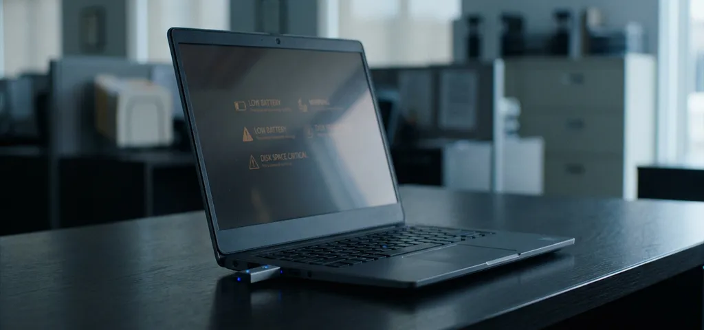 Laptop auf dunklem Schreibtisch mit Systemwarnungen auf dem Bildschirm und eingestecktem USB-Stick, dramatische Seitenlicht-Atmosphäre.