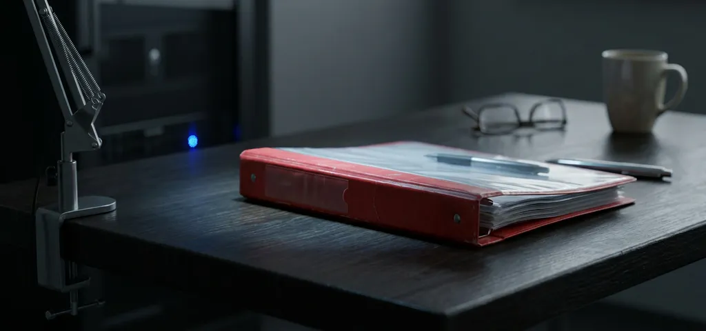Aufgeschlagenes rotes Notfallhandbuch auf dunklem Schreibtisch mit reflektierendem Serverlicht, gerichtete Schreibtischlampe, professionelle Atmosphäre.