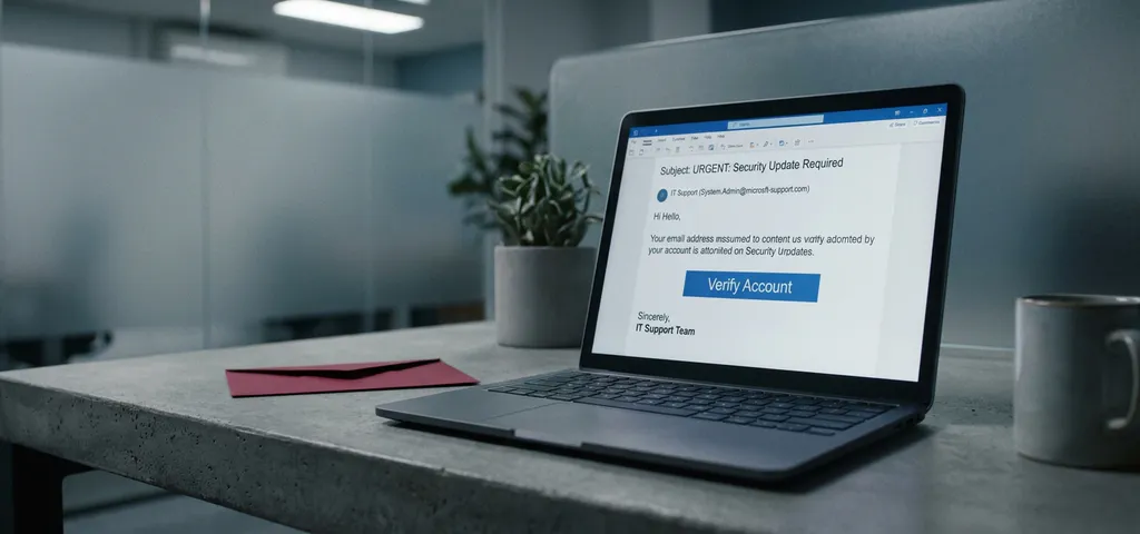 Laptop mit geöffneter Phishing-E-Mail auf einem minimalistischen Büroschreibtisch, daneben ein roter Umschlag, kühle Stahltöne.