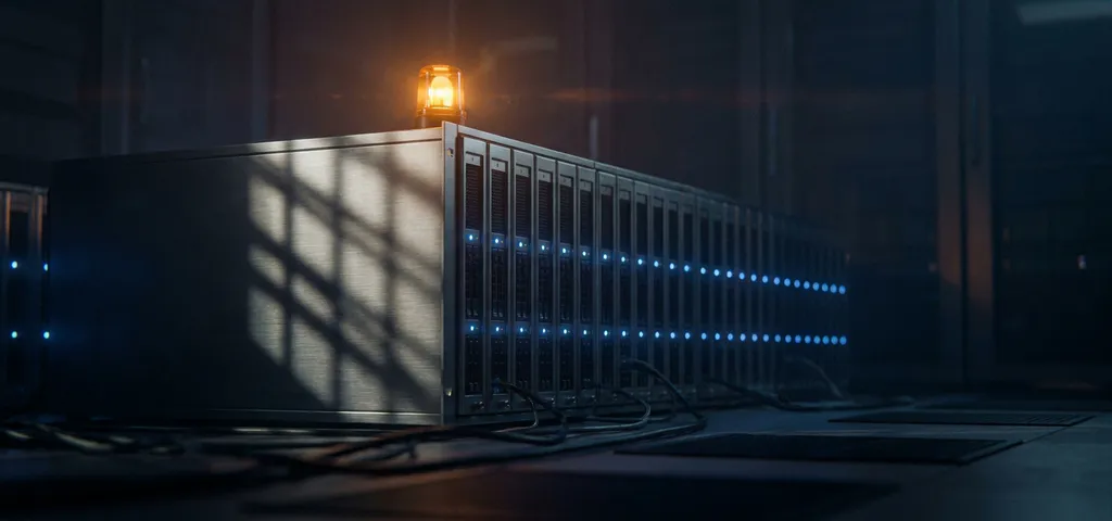Serverrack in einem modernen Rechenzentrum mit bernsteinfarbenem Warmlicht und blauem LED-Schimmer auf Stahlpanelen.