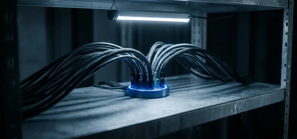Dicht gebündelte Serverkabel laufen in einem leuchtenden Knotenpunkt auf einem Metallrack zusammen, dramatische Tiefenperspektive in Blau und Anthrazit.