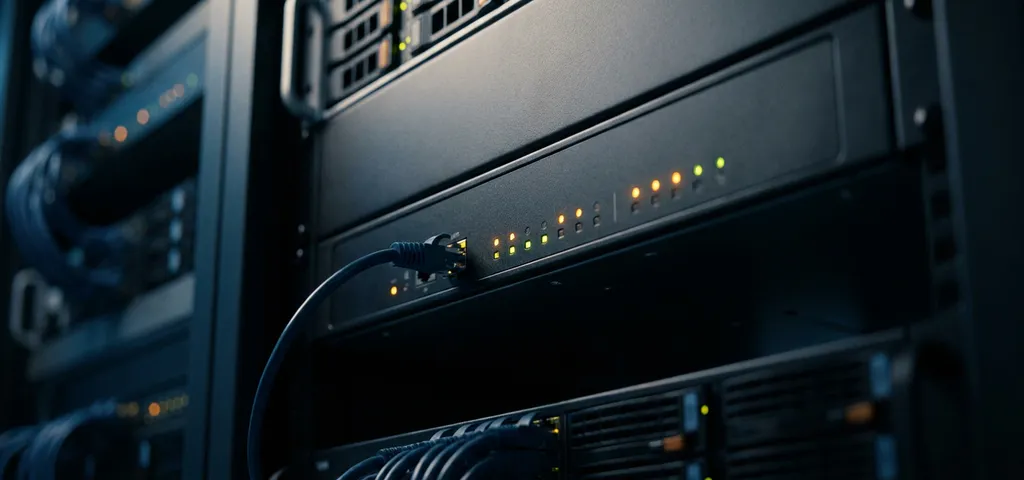 Schwarzes Server-Rack-Panel mit blinkenden Amber- und Grün-LEDs und eingestecktem Ethernet-Kabel im Rechenzentrum.