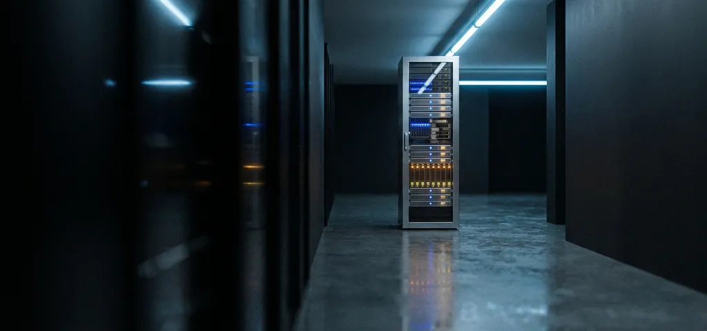 Serverrack in einem schwach beleuchteten Rechenzentrum mit blauen und silbernen Tönen sowie warmem Umgebungslicht.