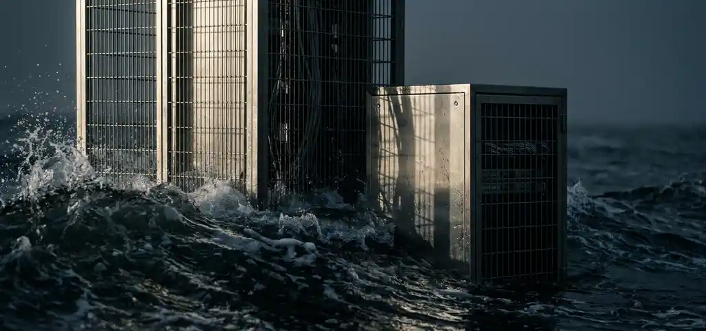 Serverrack aus Stahl trotzt einer dunklen Wasserwelle, dramatische Seitenbeleuchtung, Froschperspektive.