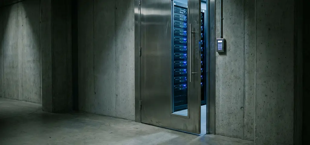Schwere Stahltür eines Serverraums leicht geöffnet, dahinter blinkende Rack-Server in kühlem Blaulicht und Sicherheitstastatur an Betonwand.