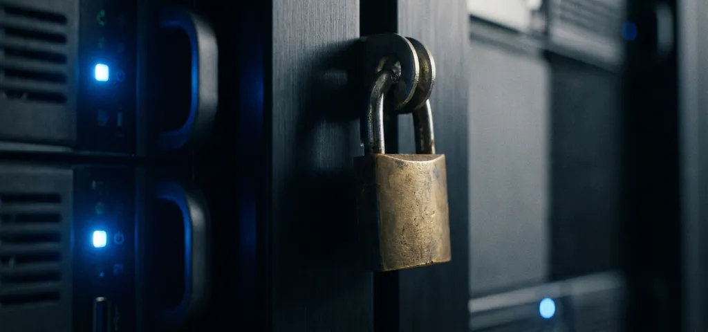 Messingvorhängeschloss auf dunklem Serverrack-Panel mit blauem Umgebungslicht, symbolisiert Datensicherheit und Serverschutz.