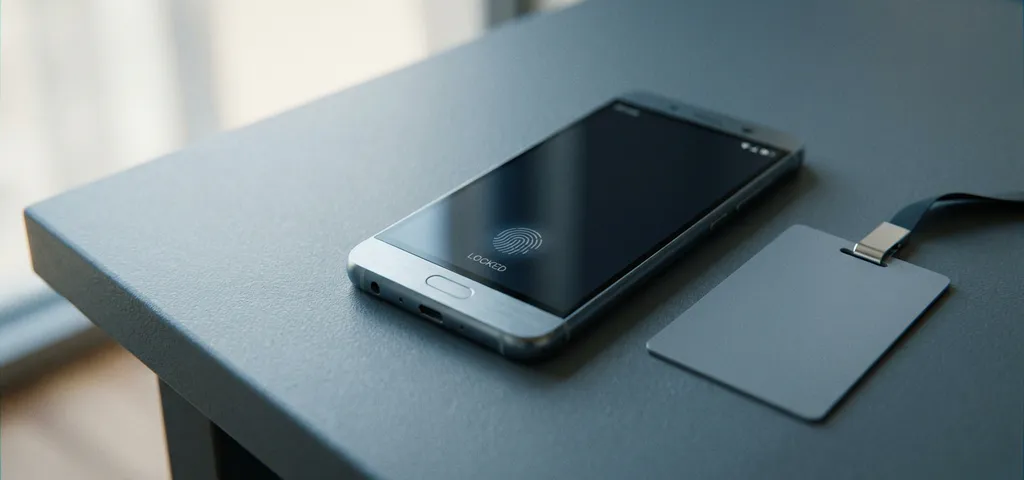 Gesperrtes Unternehmens-Smartphone mit Fingerabdrucksensor neben einem Sicherheitsausweis auf grauem Schreibtisch.