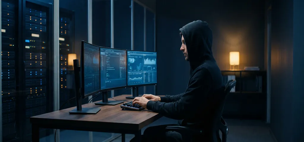 Sicherheitsanalyst an dunklem Schreibtisch mit drei blauen Monitoren, Server-Raum durch Glaswand im Hintergrund sichtbar.