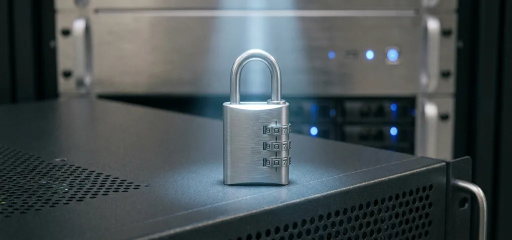 Kombinationsvorhängeschloss auf dunklem Server-Rack-Panel, beleuchtet von schmalem Lichtstrahl, Nahaufnahme mit geringer Schärfentiefe.