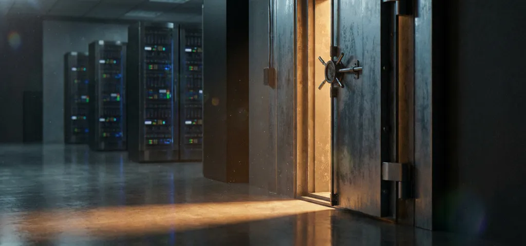 Leicht geöffnete Stahltür in einem modernen Serverraum mit warmem Licht und Serverracks im Hintergrund.