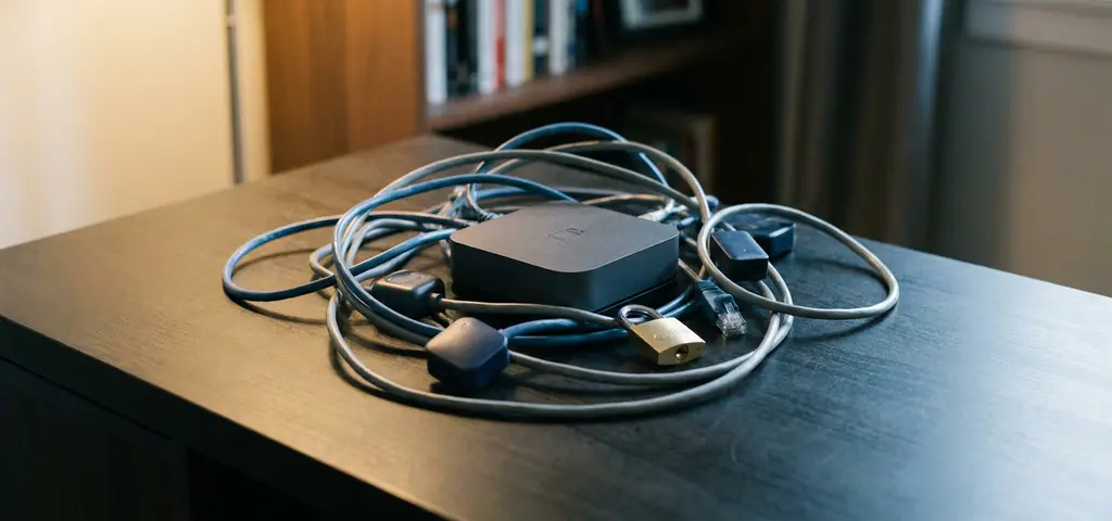 Smarthome-Hub mit verschlungenen Ethernet-Kabeln und verbundenen Geräten auf mattem Schreibtisch, Vorhängeschloss als Sicherheitssymbol daneben.