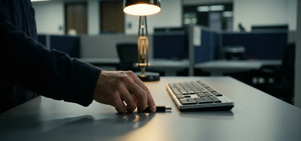 Unbekannte Hand schiebt einen USB-Stick über einen Bürotisch in Richtung einer Tastatur, symbolisiert Social-Engineering-Angriff.
