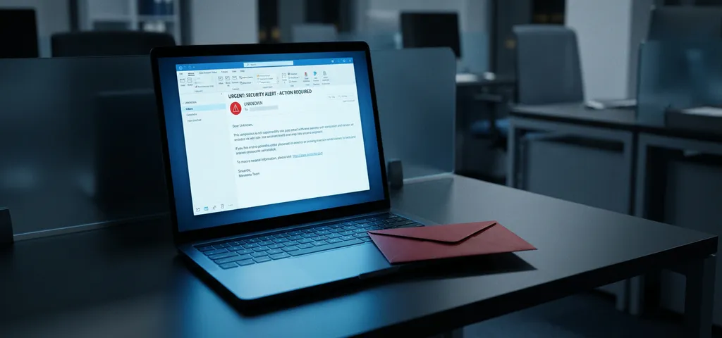 Laptop mit verdächtiger E-Mail auf dem Bildschirm, daneben roter Umschlag auf dunklem Schreibtisch, bläuliches Monitolicht beleuchtet das Büro.